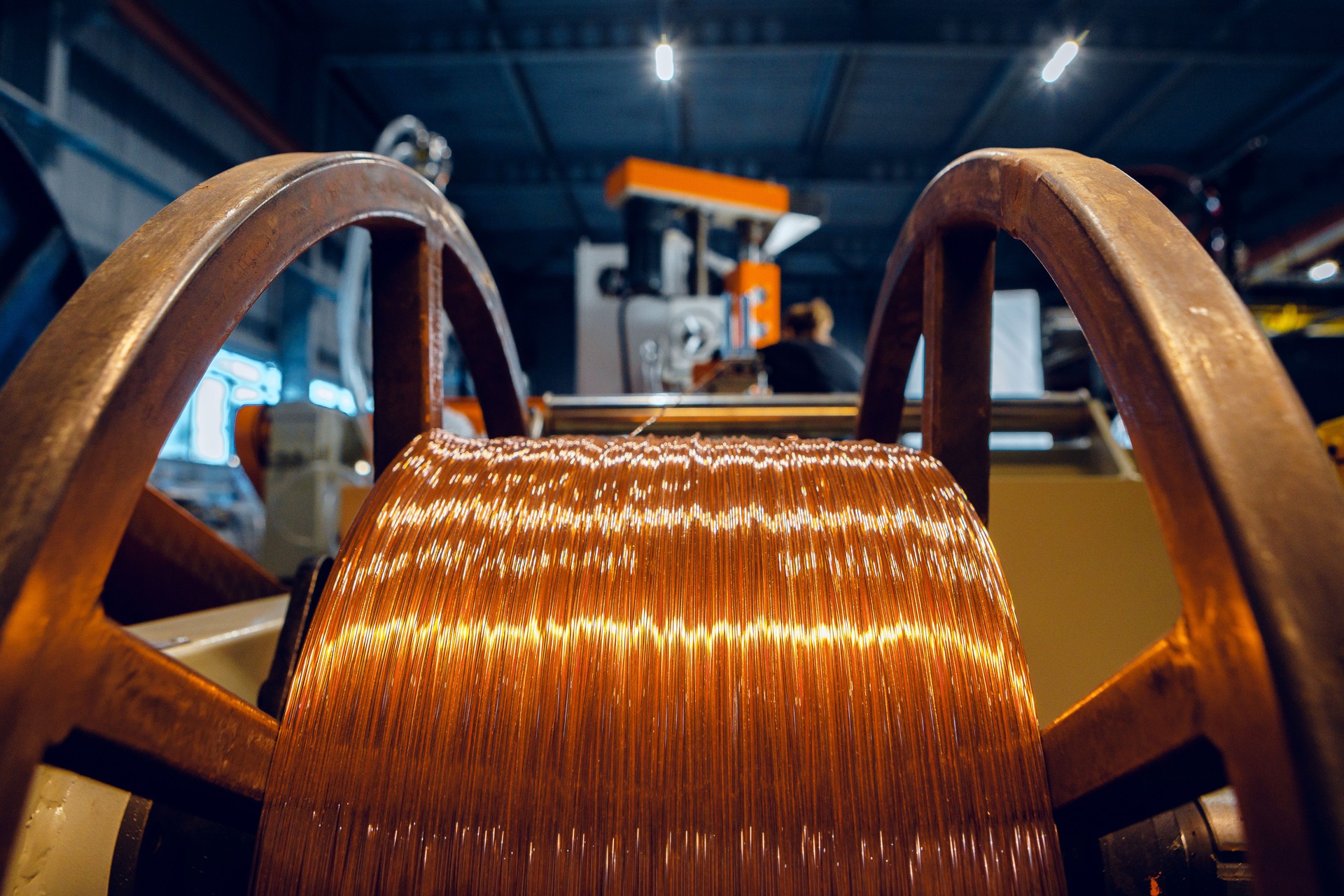 Production of copper wire, cable in reels at factory. Cable factory.