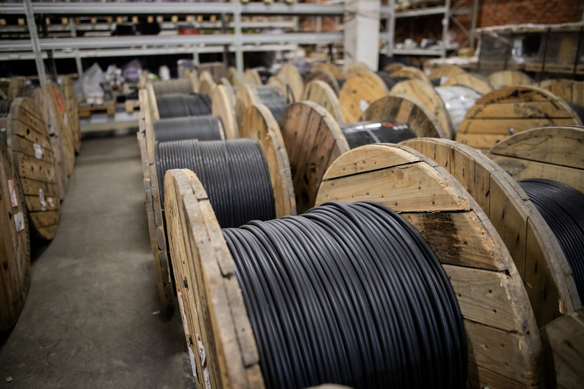 Warehouse industrial enterprise. The storage of steel coils of rope.